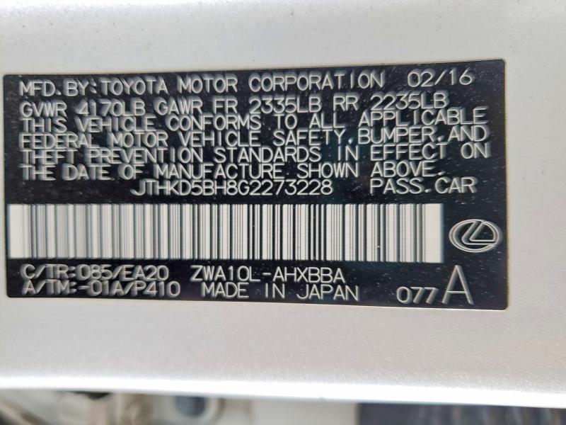 Aukcja sprzedaży 2016 Lexus Ct, vin: JTHKD5BH8G2273228, numer aukcji: 51902786