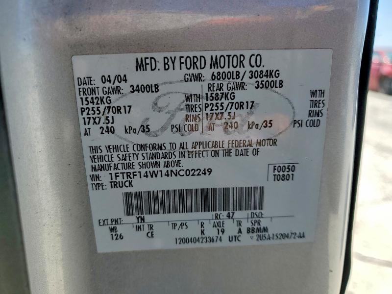 2004 Ford F150 მანქანა იყიდება აუქციონზე, vin: 1FTRF14W14NC02249, აუქციონის ნომერი: 52871016