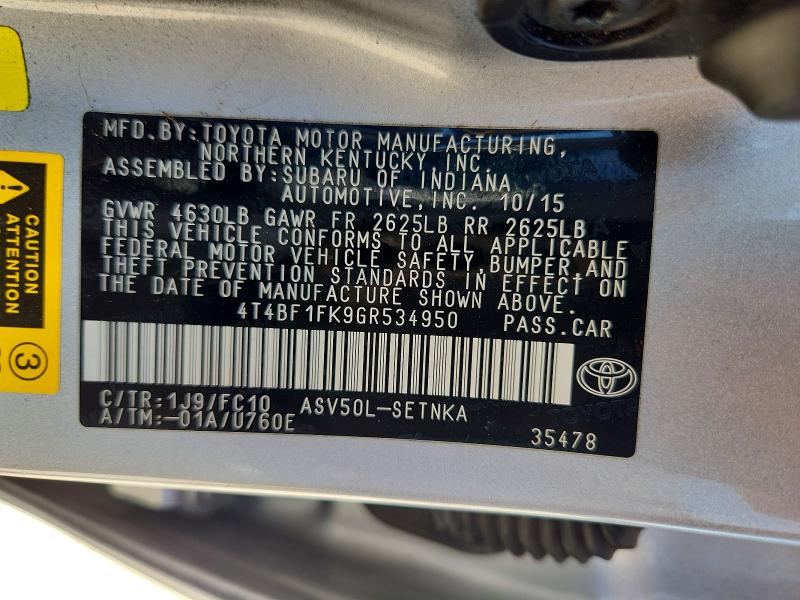 Продаж на аукціоні авто 2016 Toyota Camry, vin: 4T4BF1FK9GR534950, номер лоту: 53574596