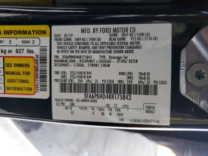 2019 Ford Fusion მანქანა იყიდება აუქციონზე, vin: 3FA6P0HD4KR175843, აუქციონის ნომერი: 52868216