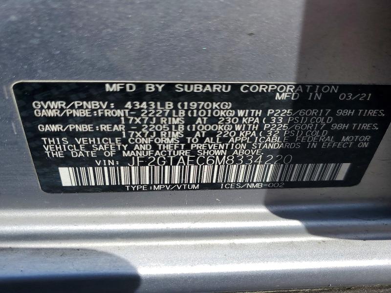Продаж на аукціоні авто 2021 Subaru Crosstrek, vin: JF2GTAEC6M8334220, номер лоту: 52242676