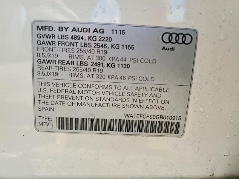 51354696 :رقم المزاد ، WA1EFCFS0GR010915 vin ، 2016 Audi Q3 مزاد بيع