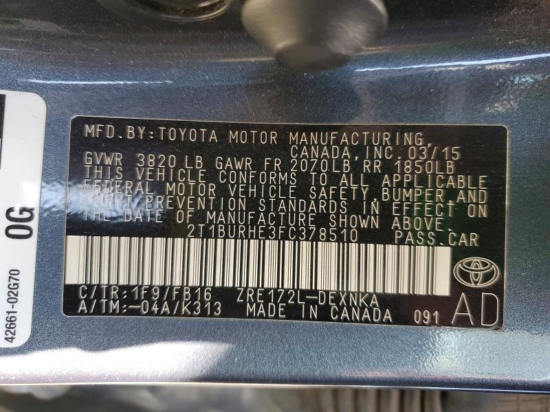 2015 Toyota Corolla მანქანა იყიდება აუქციონზე, vin: 2T1BURHE3FC378510, აუქციონის ნომერი: 51911526