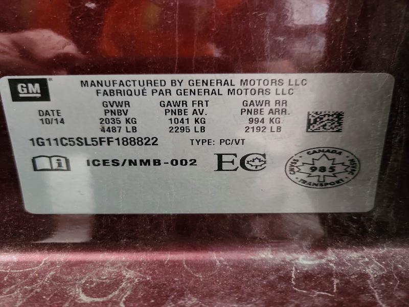 51971856 :رقم المزاد ، 1G11C5SL5FF188822 vin ، 2015 Chevrolet Malibu مزاد بيع