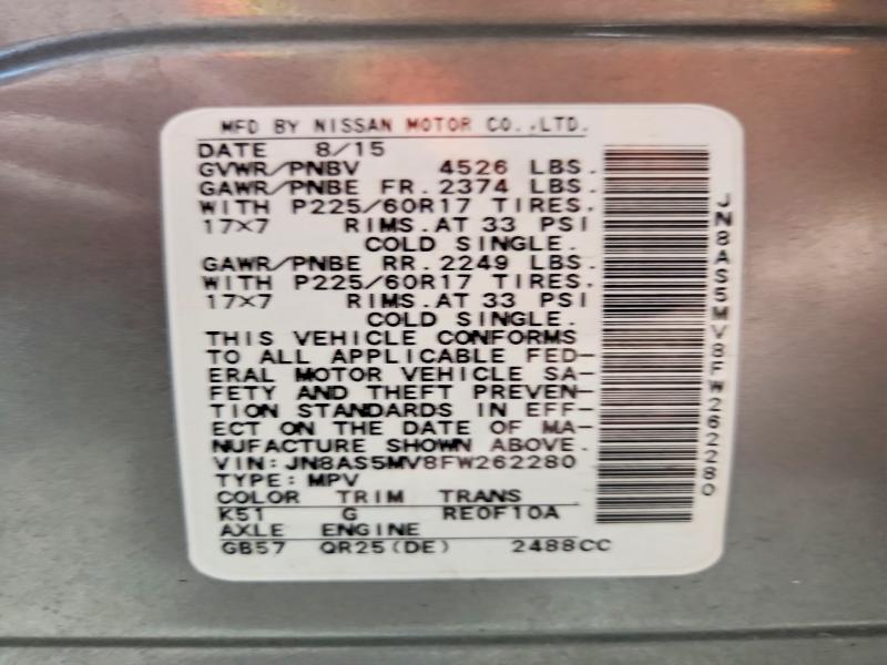 54884516 :رقم المزاد ، JN8AS5MV8FW262280 vin ، 2015 Nissan Rogue Select مزاد بيع