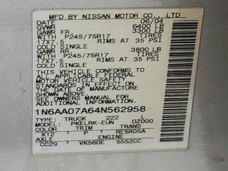 Продаж на аукціоні авто 2004 Nissan Titan, vin: 1N6AA07A64N562958, номер лоту: 55156946