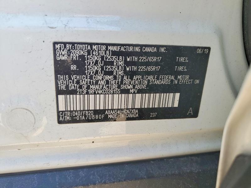 2019 Toyota Rav4 მანქანა იყიდება აუქციონზე, vin: 2T3F1RFV4KC028155, აუქციონის ნომერი: 53896396