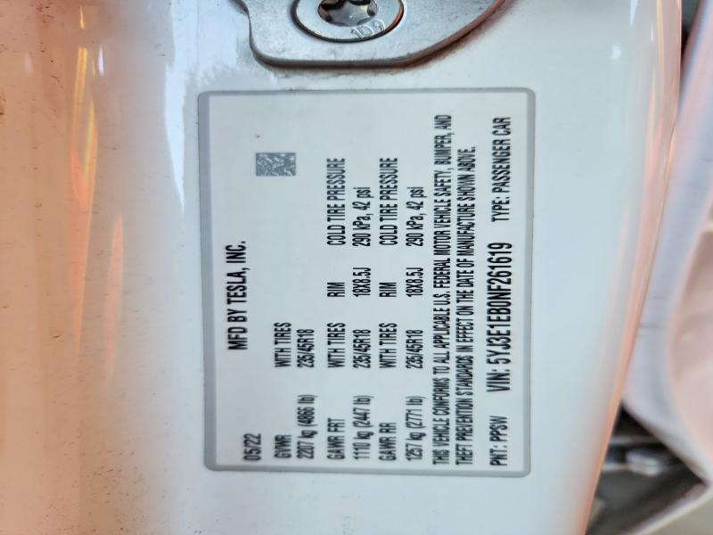 Aukcja sprzedaży 2022 Tesla Model 3, vin: 5YJ3E1EB0NF261619, numer aukcji: 52360936