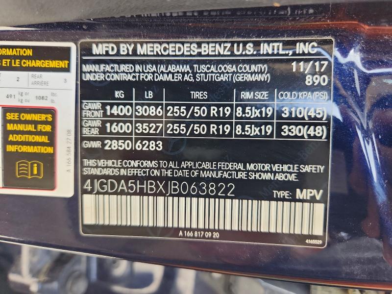 54630856 :رقم المزاد ، 4JGDA5HBXJB063822 vin ، 2018 Mercedes-benz Gle مزاد بيع
