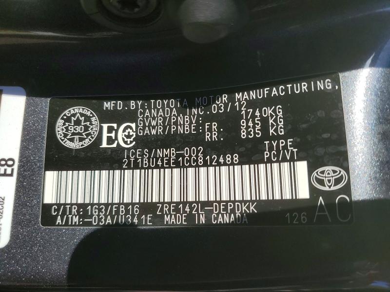2012 Toyota Corolla მანქანა იყიდება აუქციონზე, vin: 2T1BU4EE1CC812488, აუქციონის ნომერი: 55024756