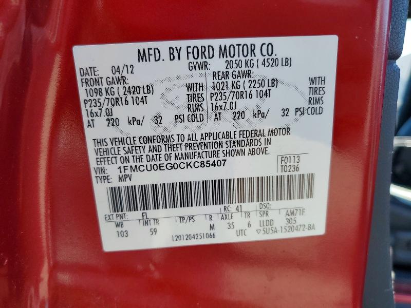 Aukcja sprzedaży 2012 Ford Escape, vin: 1FMCU0EG0CKC85407, numer aukcji: 51956906