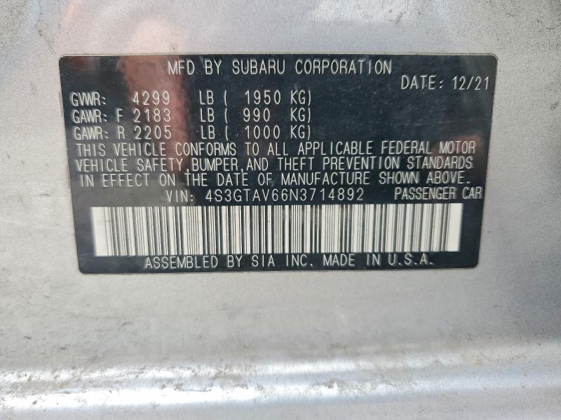 53820966 :رقم المزاد ، 4S3GTAV66N3714892 vin ، 2022 Subaru Impreza مزاد بيع