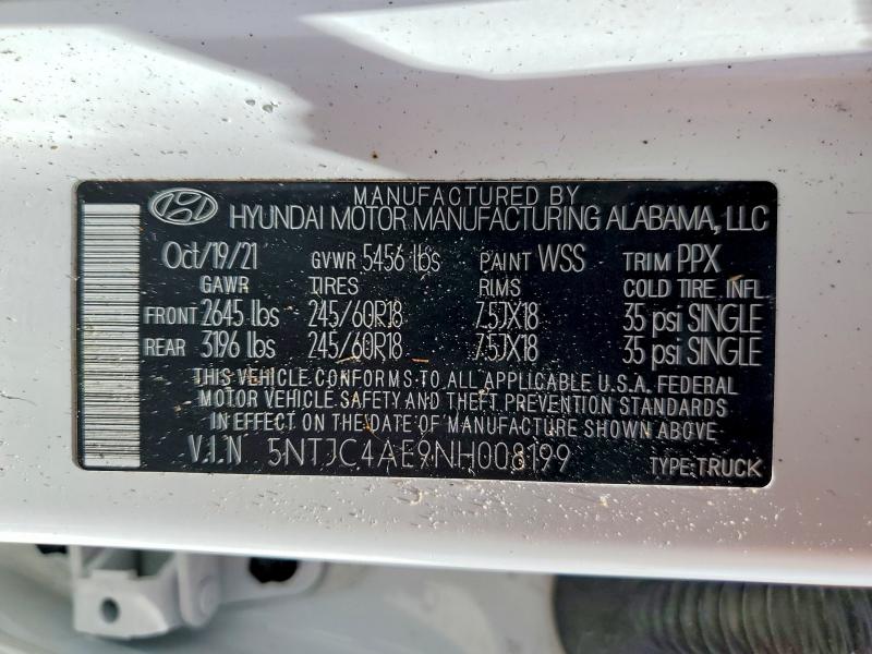2022 Hyundai Santa Cruz მანქანა იყიდება აუქციონზე, vin: 5NTJC4AE9NH008199, აუქციონის ნომერი: 52205526