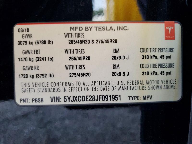 2018 Tesla Model X მანქანა იყიდება აუქციონზე, vin: 5YJXCDE28JF091951, აუქციონის ნომერი: 52356566