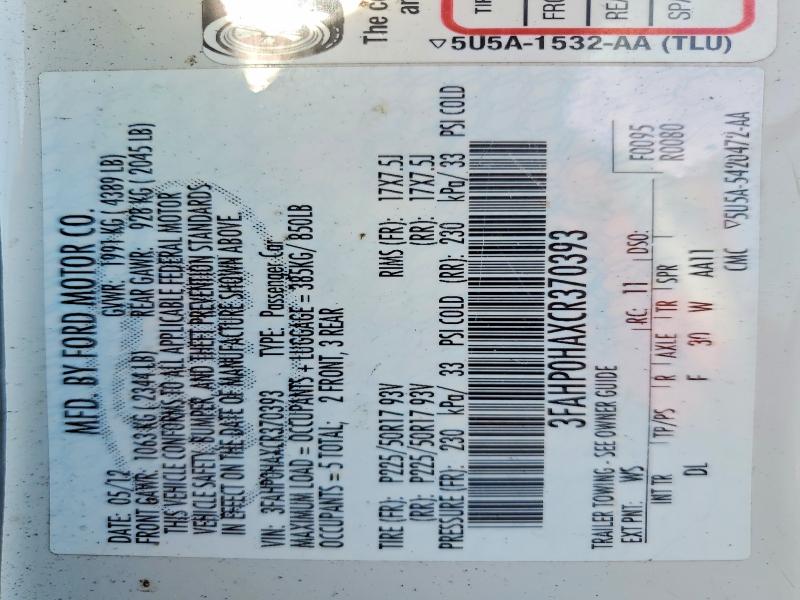 Aukcja sprzedaży 2012 Ford Fusion, vin: 3FAHP0HAXCR370393, numer aukcji: 54435396