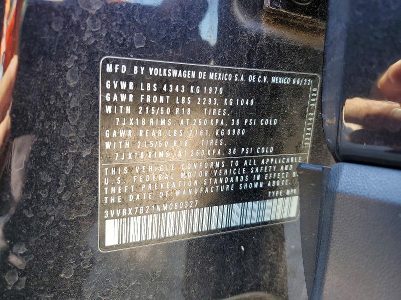 2022 Volkswagen Taos მანქანა იყიდება აუქციონზე, vin: 3VVRX7B21NM080327, აუქციონის ნომერი: 53414136
