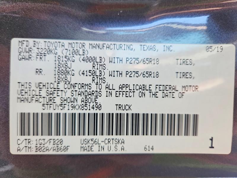 54805246 :رقم المزاد ، 5TFUY5F19KX851490 vin ، 2019 Toyota Tundra مزاد بيع