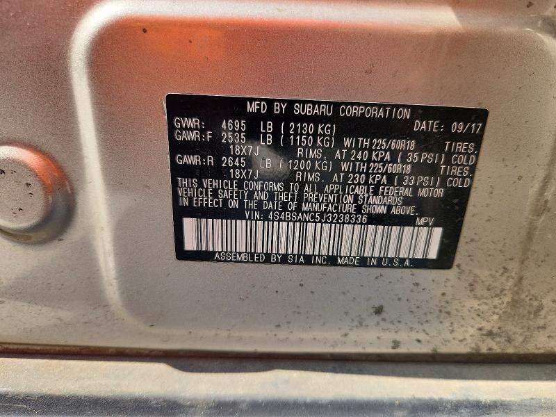 2018 Subaru Outback მანქანა იყიდება აუქციონზე, vin: 4S4BSANC5J3238336, აუქციონის ნომერი: 54692556