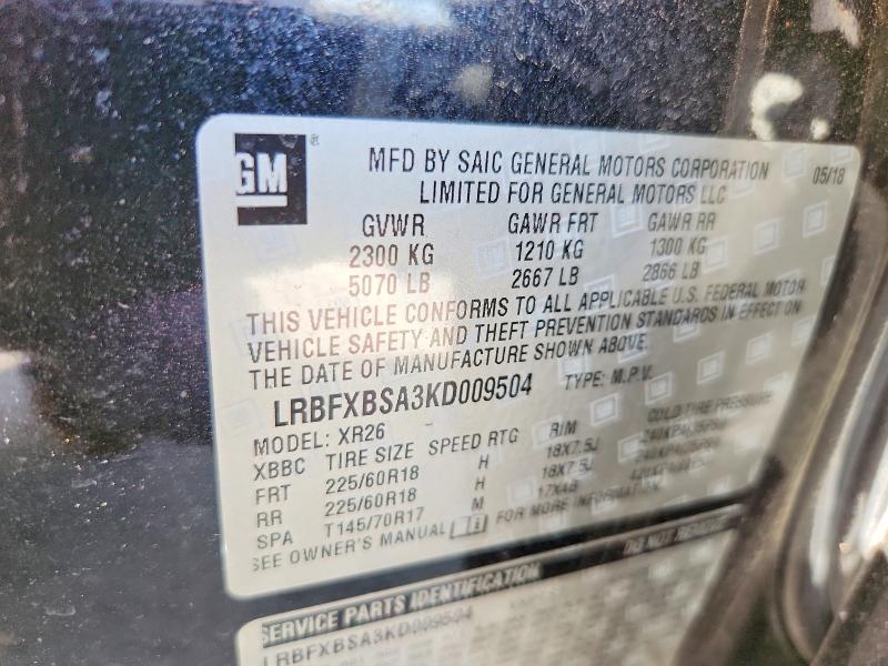 2019 Buick Envision მანქანა იყიდება აუქციონზე, vin: LRBFXBSA3KD009504, აუქციონის ნომერი: 55094516