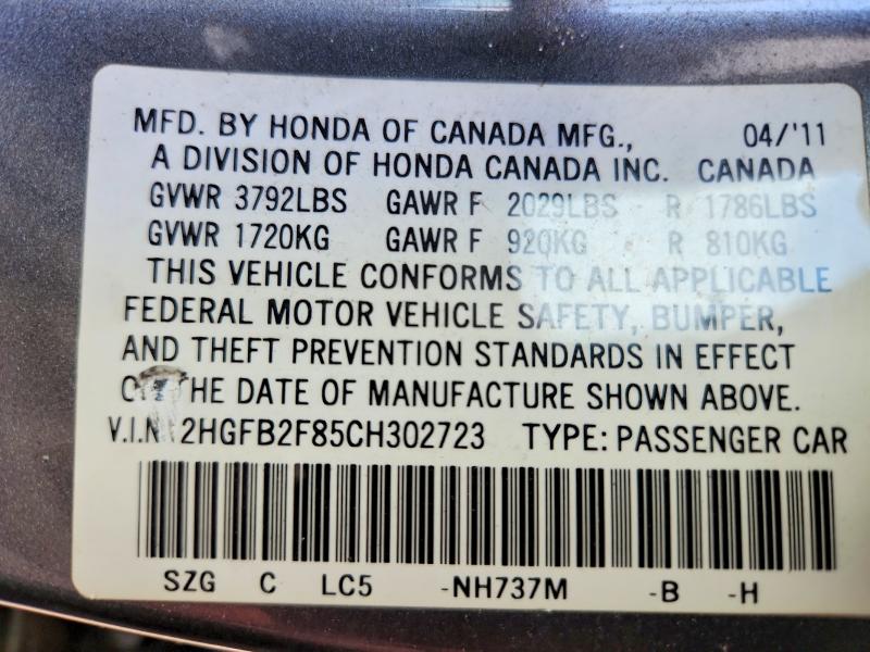 53606776 :رقم المزاد ، 2HGFB2F85CH302723 vin ، 2012 Honda Civic مزاد بيع