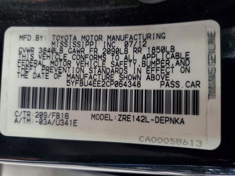 2012 Toyota Corolla მანქანა იყიდება აუქციონზე, vin: 5YFBU4EE2CP064348, აუქციონის ნომერი: 54164956
