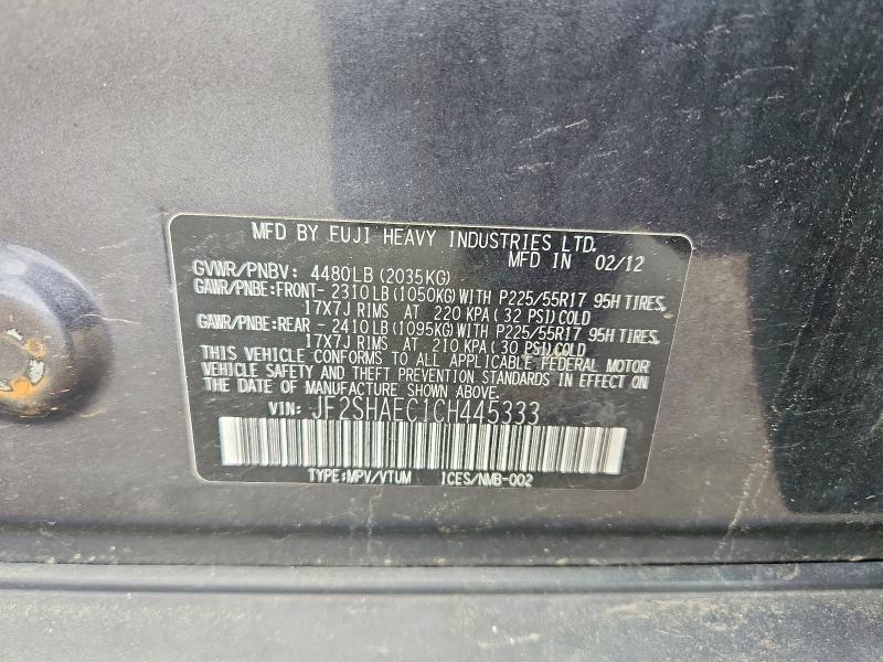 54646646 :رقم المزاد ، JF2SHAEC1CH445333 vin ، 2012 Subaru Forester مزاد بيع