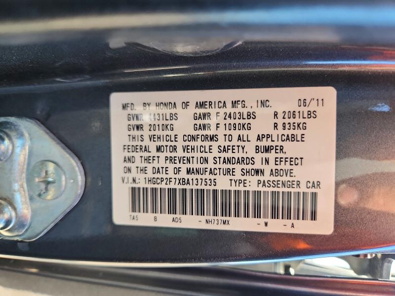 Aukcja sprzedaży 2011 Honda Accord, vin: 1HGCP2F7XBA137535, numer aukcji: 52765456