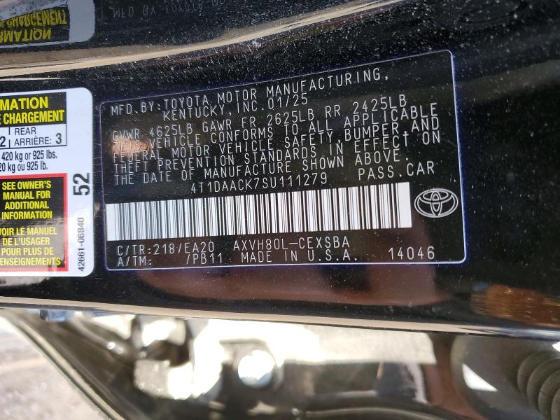 2025 Toyota Camry მანქანა იყიდება აუქციონზე, vin: 4T1DAACK7SU111279, აუქციონის ნომერი: 52124786