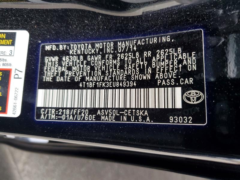 2014 Toyota Camry მანქანა იყიდება აუქციონზე, vin: 4T1BF1FK3EU849394, აუქციონის ნომერი: 52875316