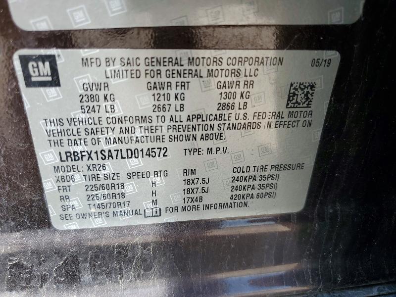 52305646 :رقم المزاد ، LRBFX1SA7LD014572 vin ، 2020 Buick Envision مزاد بيع