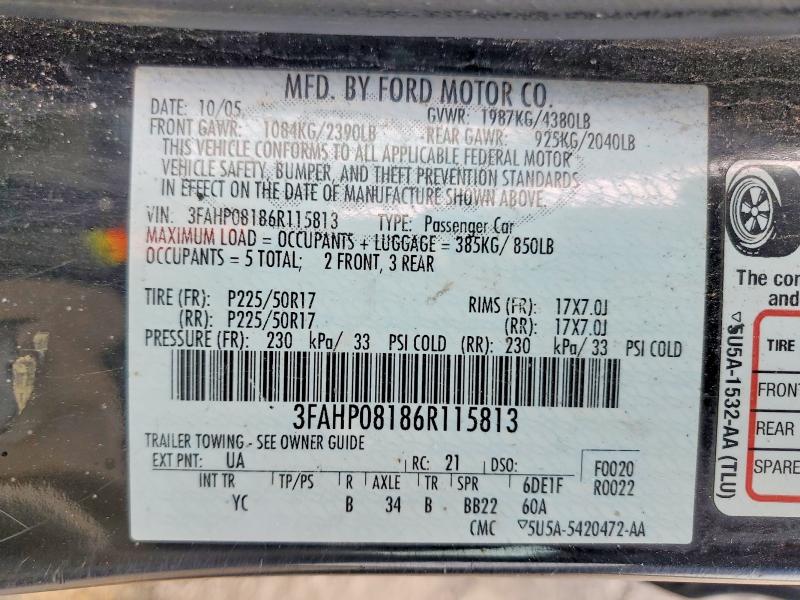 2006 Ford Fusion მანქანა იყიდება აუქციონზე, vin: 3FAHP08186R115813, აუქციონის ნომერი: 51366206