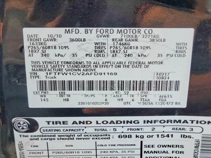 Aukcja sprzedaży 2010 Ford F150, vin: 1FTFW1CV2AFD91169, numer aukcji: 54922656
