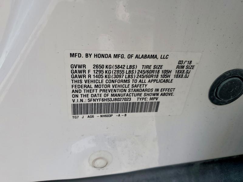 55034046 :رقم المزاد ، 5FNYF6H53JB027023 vin ، 2018 Honda Pilot مزاد بيع