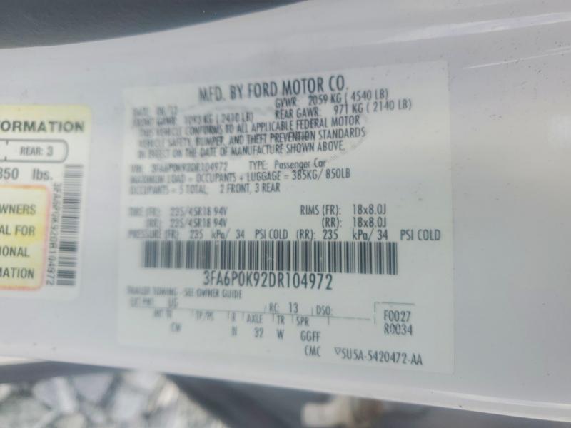 Продажа на аукционе авто 2013 Ford Fusion, vin: 3FA6P0K92DR104972, номер лота: 54106216