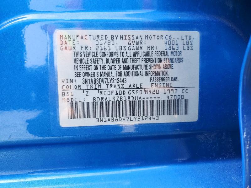 2020 Nissan Sentra მანქანა იყიდება აუქციონზე, vin: 3N1AB8DV7LY212443, აუქციონის ნომერი: 52674756