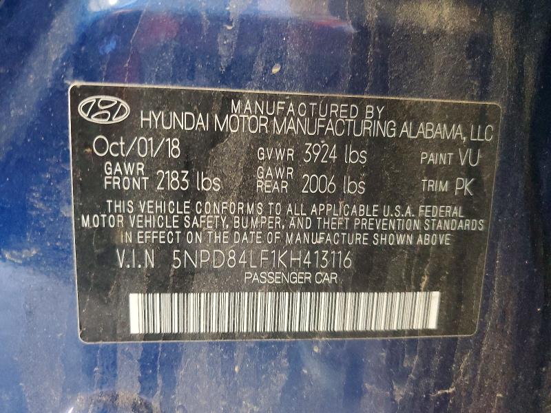 2019 Hyundai Elantra მანქანა იყიდება აუქციონზე, vin: 5NPD84LF1KH413116, აუქციონის ნომერი: 53372646