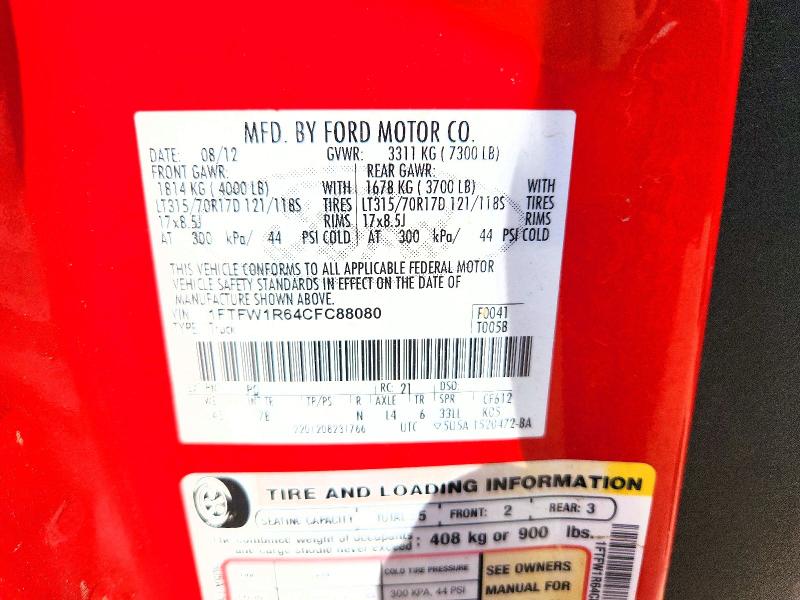 52344206 :رقم المزاد ، 1FTFW1R64CFC88080 vin ، 2012 Ford F150 مزاد بيع