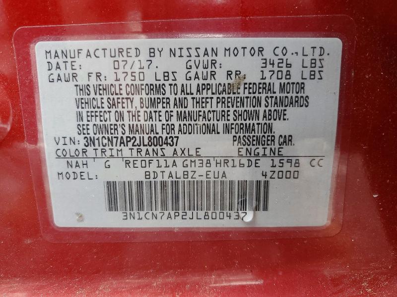 Aukcja sprzedaży 2018 Nissan Versa, vin: 3N1CN7AP2JL800437, numer aukcji: 54076156