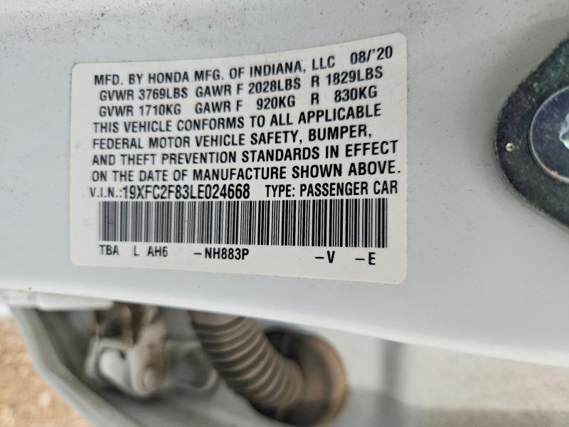 55216186 :رقم المزاد ، 19XFC2F83LE024668 vin ، 2020 Honda Civic مزاد بيع