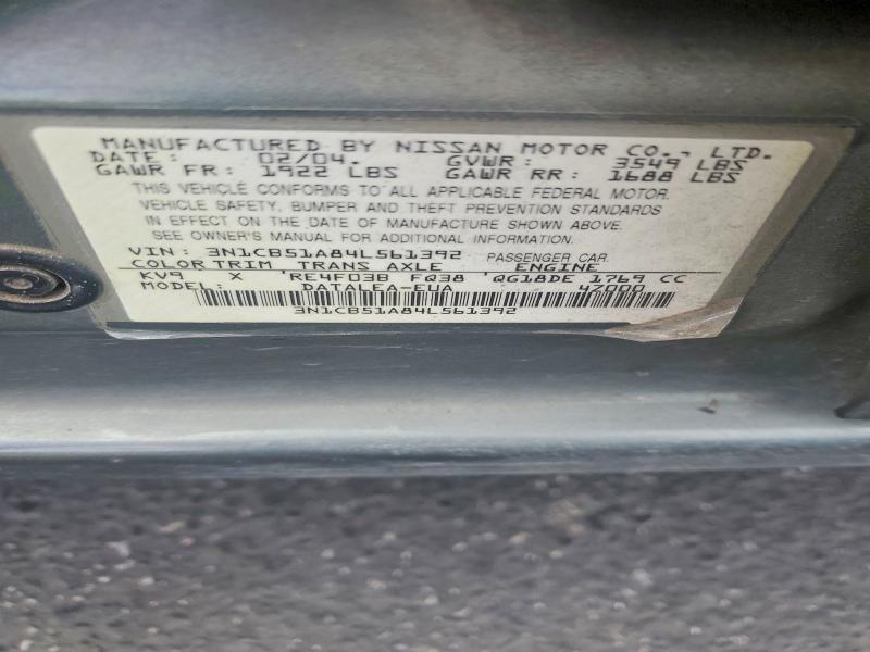 2004 Nissan Sentra მანქანა იყიდება აუქციონზე, vin: 3N1CB51A84L561392, აუქციონის ნომერი: 54696446