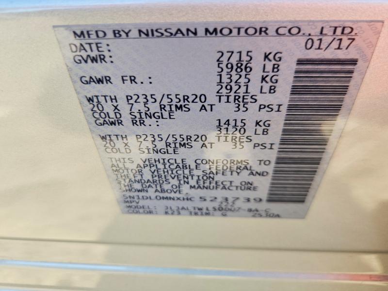 52738846 :رقم المزاد ، 5N1DL0MNXHC523739 vin ، 2017 Infiniti Qx60 مزاد بيع