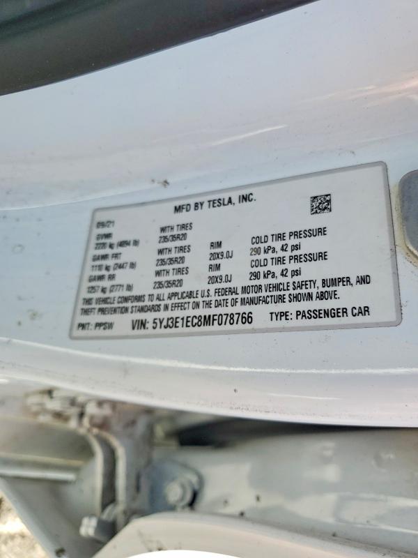 Aukcja sprzedaży 2021 Tesla Model 3, vin: 5YJ3E1EC8MF078766, numer aukcji: 53768256