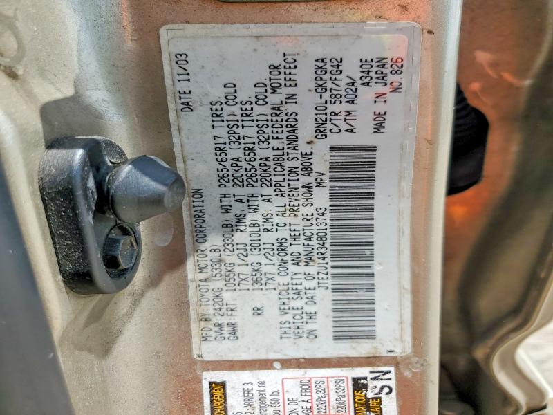 2004 Toyota 4runner მანქანა იყიდება აუქციონზე, vin: JTEZU14R348013743, აუქციონის ნომერი: 54775676