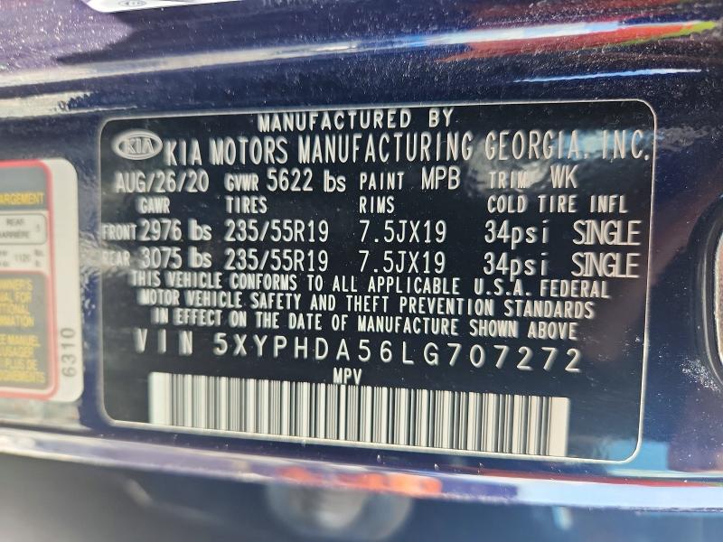 52301596 :رقم المزاد ، 5XYPHDA56LG707272 vin ، 2020 Kia Sorento مزاد بيع