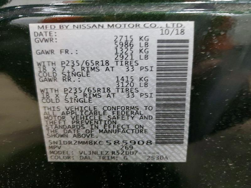 Aukcja sprzedaży 2019 Nissan Pathfinder, vin: 5N1DR2MM8KC585908, numer aukcji: 53601476