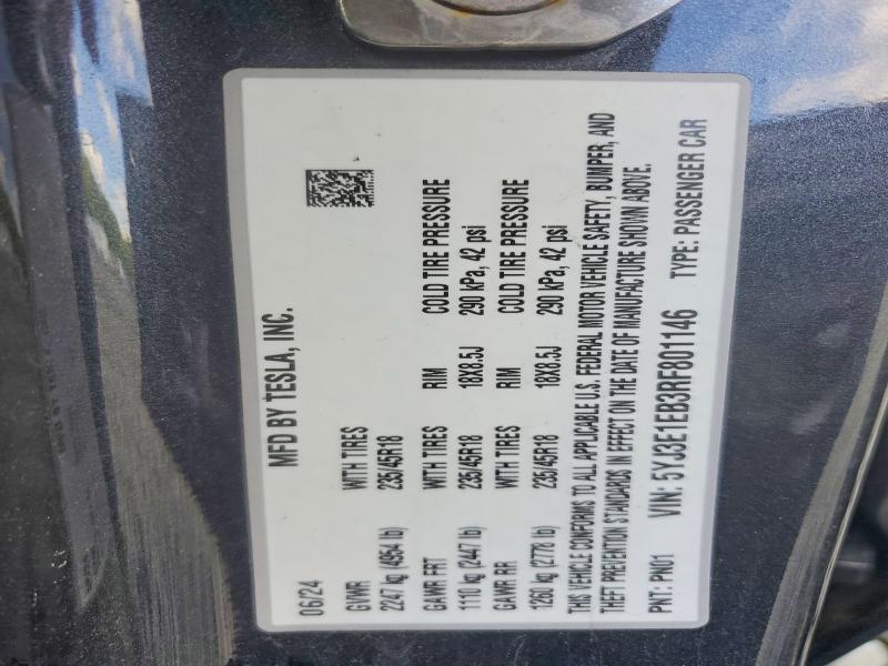 2024 Tesla Model 3 მანქანა იყიდება აუქციონზე, vin: 5YJ3E1EB3RF801146, აუქციონის ნომერი: 51665606