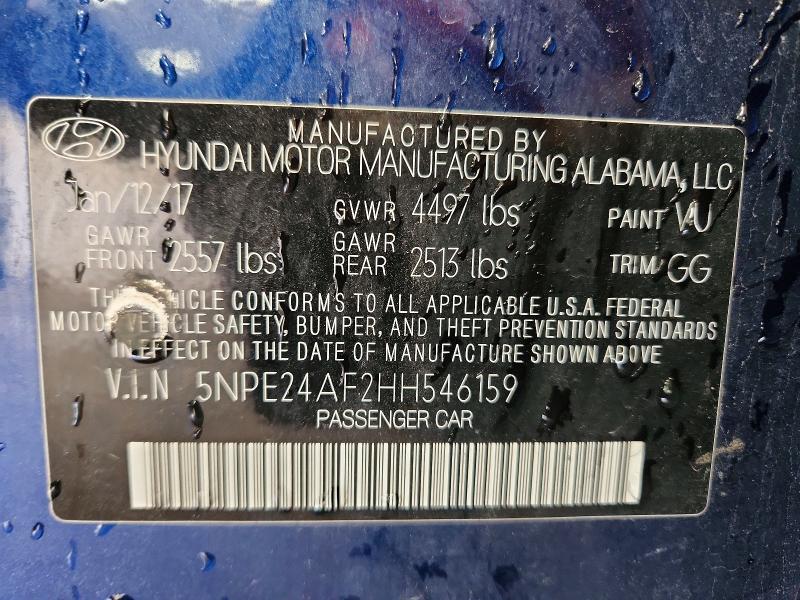 52160386 :رقم المزاد ، 5NPE24AF2HH546159 vin ، 2017 Hyundai Sonata مزاد بيع