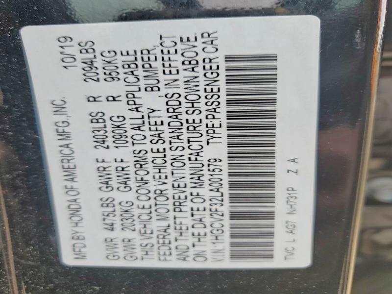 2020 Honda Accord მანქანა იყიდება აუქციონზე, vin: 1HGCV2F32LA001579, აუქციონის ნომერი: 53898366