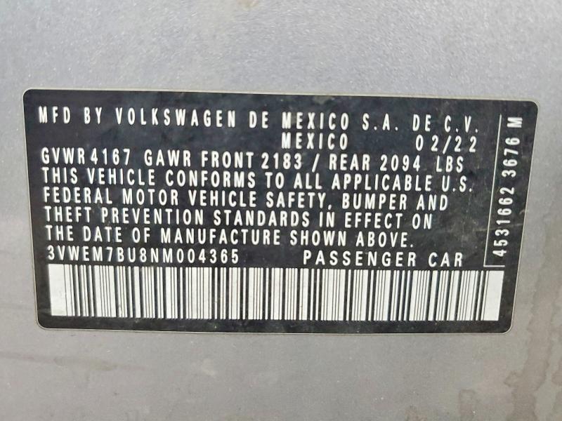 2022 Volkswagen Jetta მანქანა იყიდება აუქციონზე, vin: 3VWEM7BU8NM004365, აუქციონის ნომერი: 52849646