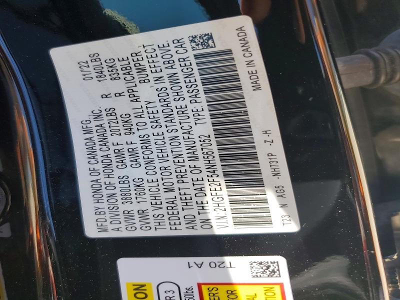 Aukcja sprzedaży 2022 Honda Civic, vin: 2HGFE2F54NH567052, numer aukcji: 54685986